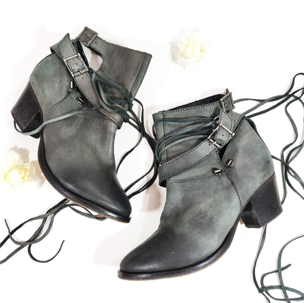 Free People Gray Leather Distressed Buckle Booties